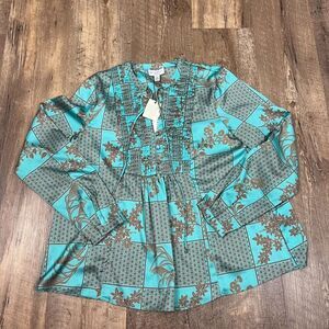 Current Air Anthropologie Blouse Long Sleeve V-Neck Women's S Teal Pleated NWT*